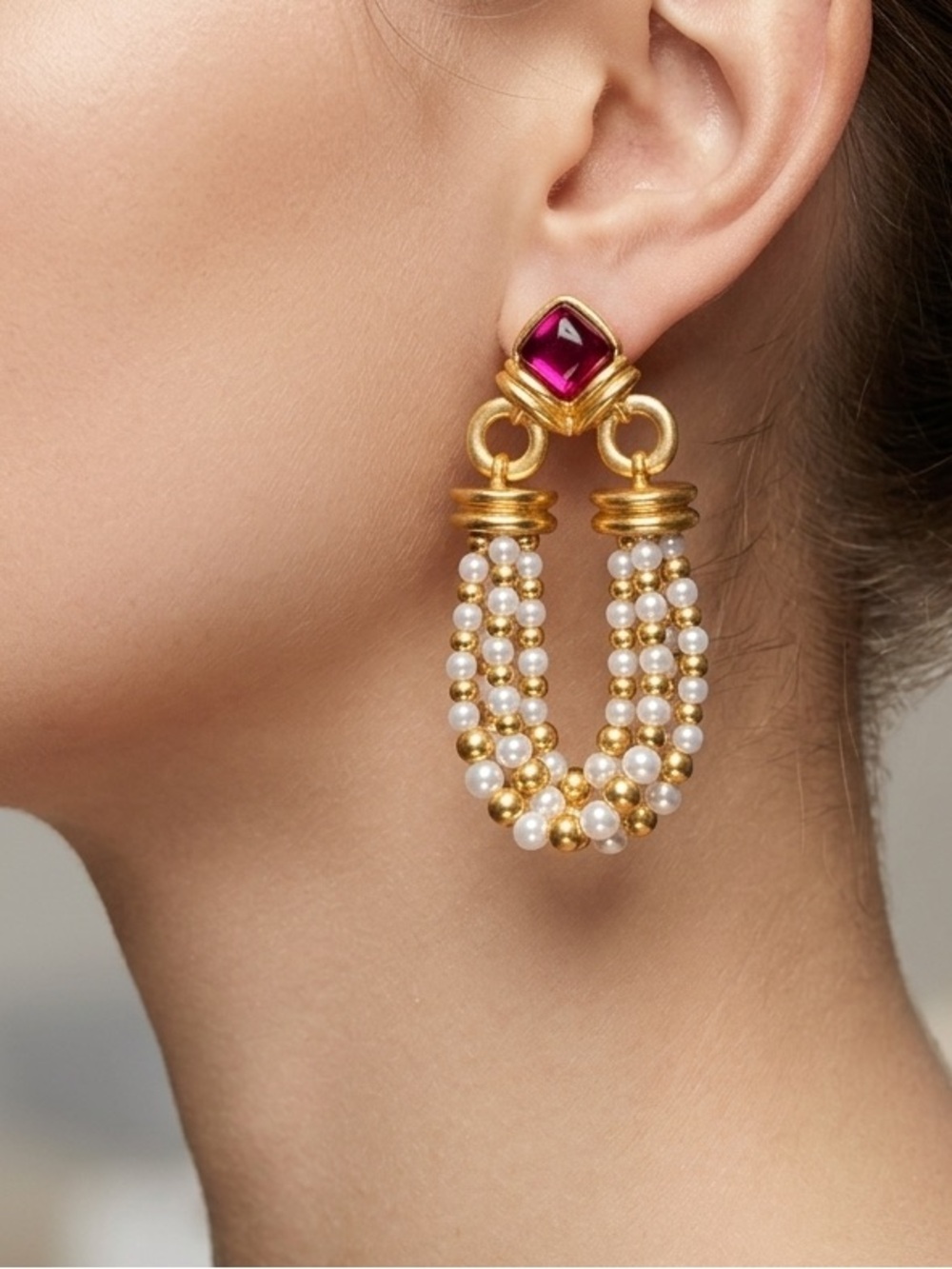 Vintage-Inspired Ruby Tone Tassel Drop Earrings – Faux Gem & Pearl Beaded